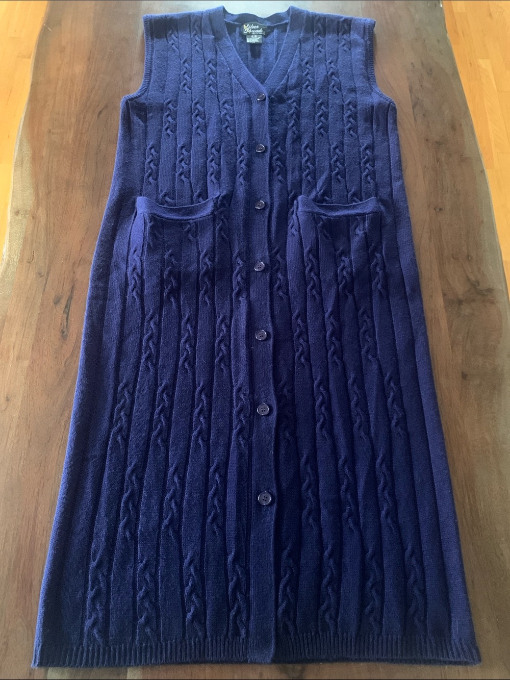 Cable Knit Button-Front Sleeveless Long Vest in Deep Navy